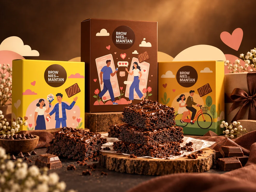 Ilustrasi tiga kemasan Brownies Mantan dan sajian brownies untuk buah tangan