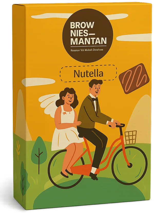 Kemasan Brownies Mantan Nutella berwarna jingga dengan ilustrasi pasangan bersepeda